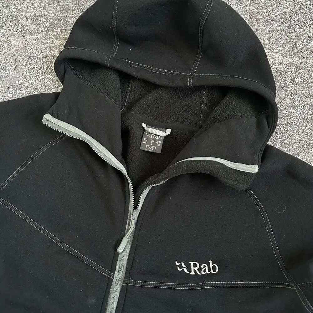 Men's RAB Black Gray Full Zip Up Power Stretch Pro Hoody Hooded Coat Jacket Sz L
